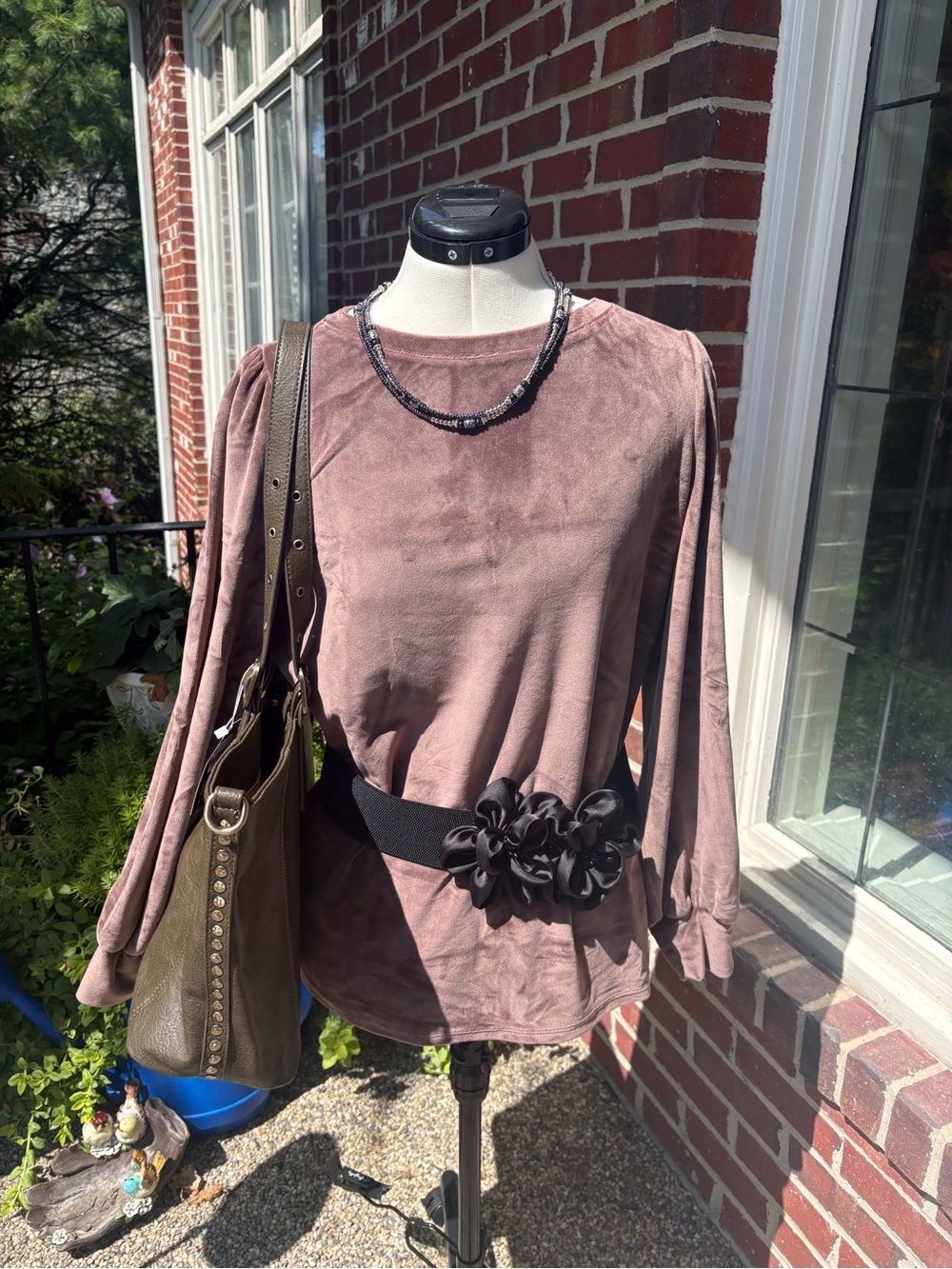 New! Suede-like top by Belle bundled with NWT purse, new necklace and belt! S/M